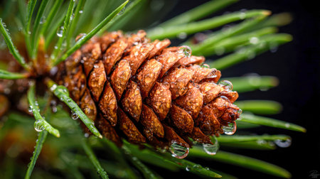 Dewy droplets sparkle on a newly fallen pine cone nestled among bright green needles, creating a vivid scene amid the shadowy depths of a lush forest.の写真素材