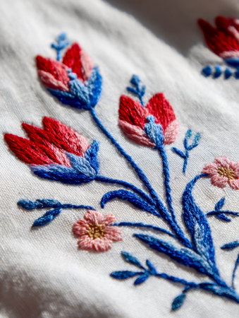 Intricate multicolored flower motifs are expertly stitched onto crisp white fabric, creating a vibrant and textured textile art perfect for decorative and fashion uses.の写真素材