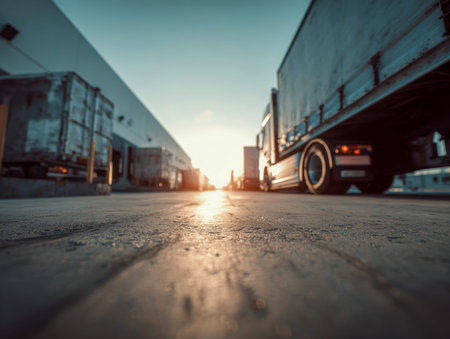 Silhouettes of industrial trucks bathed in warm sunset glow, casting long reflections on the glossy concrete surface at a bustling distribution hub.の写真素材