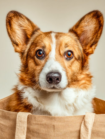 A charming little Corgi curiously surveys the world from inside a cozy tote, its perky ears and bright, expressive gaze capturing hearts instantly.の写真素材