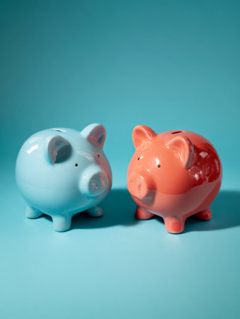 Vibrant ceramic coins containers in striking blue and orange engage in a mirrored stance against a matching backdrop, symbolizing wealth management and future financial goals.の写真素材