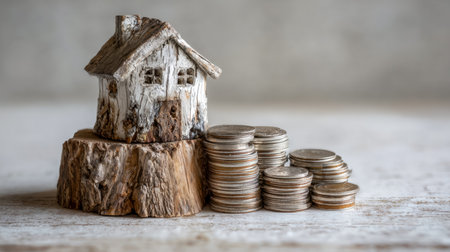 An charming, handcrafted cabin perched on a massive tree base, encircled by towering coin stacks that symbolize financial prosperity and investment success.の写真素材