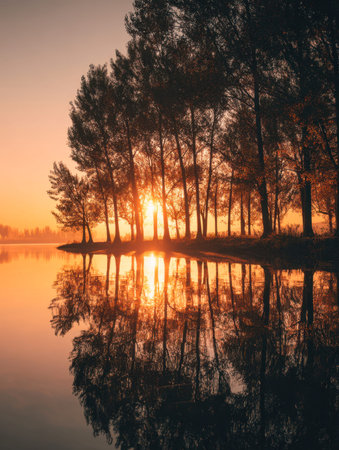 Early morning light bathes a peaceful lake, where towering trees create a mirror-like reflection,...