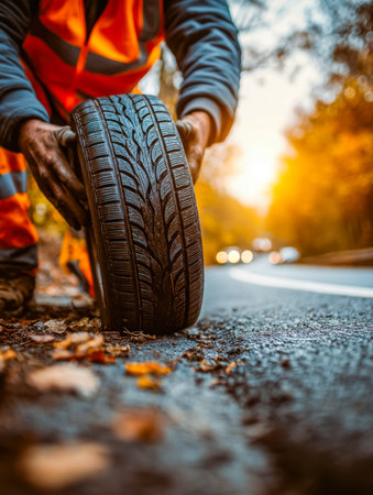 A person in warm clothing adjusts a tire beneath a vibrant orange and crimson sky, surrounded by falling leaves, capturing a peaceful autumn evening repair.の写真素材