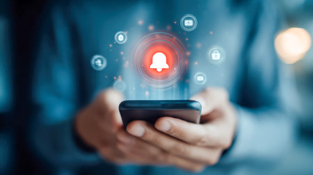 A individual's hand grasps a mobile device, illuminated by a luminous alert. Faint digital icons in...