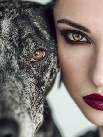 A heartfelt close-up reveals a woman's mesmerizing amber eyes meeting her dog's gaze, embodying unwavering loyalty, mutual understanding, and a bond forged through trust.のeditorial素材