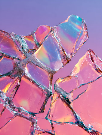 Delicate shards of broken glass shimmer with luminous, rainbow-like hues, set against a soft,...