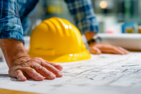 A focused professional in a plaid shirt analyzes architectural plans spread across a workspace, with a vibrant safety helmet within reach amid bright, organized surroundiの写真素材