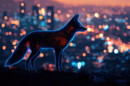 A sleek, neon-lit fox figure merges technology with nature, standing against a glowing city skyline...