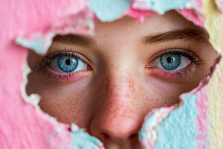 Vivid blue eyes peer through a jagged, multicolored paper gap, revealing a captivating gaze filled with intrigue and vibrant energy.のeditorial素材