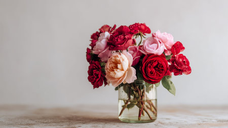 A refined arrangement of red and pink roses in a transparent glass vessel, resting on a subtle beige...