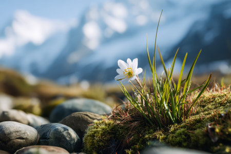 A fragile white blossom emerges boldly from rugged mountain stones, set against a breathtaking...