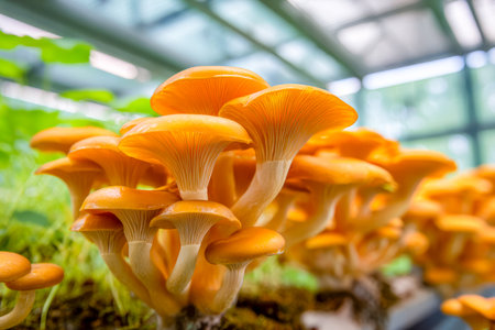 A lively group of bright orange fungi sprout densely along a decaying log inside a lush greenhouse, evoking a vibrant, natural growth scene ideal forの写真素材