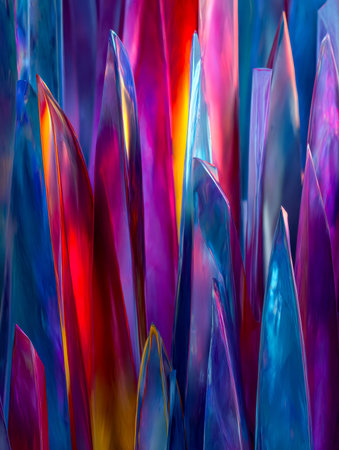 A lively, multicolored glass artwork featuring stretched, tapering forms that create a dynamic,...