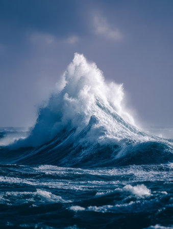 An awe-inspiring sea swell rises dramatically, engulfed in a frothy white surge against a gentle, overcast sky, embodying nature?s raw energy and grace.の写真素材