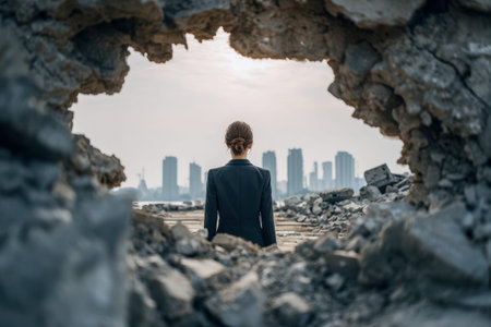 A poised woman in professional clothing gazes toward a sprawling metropolis beyond a fractured...