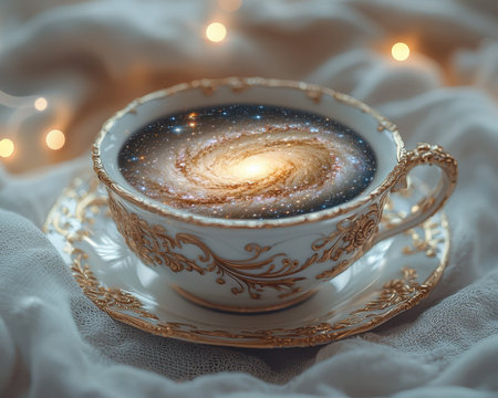 An elegant teacup featuring a cosmic swirl of stars and nebulae, adorned with gilded accents, placed on fine fabric against softly glowing lights.の写真素材