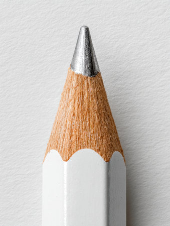 A detailed close-up reveals the pointed tip of a wooden pencil, exposing a sleek metallic center, set against a subtly textured white sheet, evoking creativity and precisの写真素材