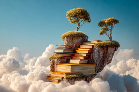 An imaginative aerial scene depicts a levitating landmass adorned with stacked books and tiny...