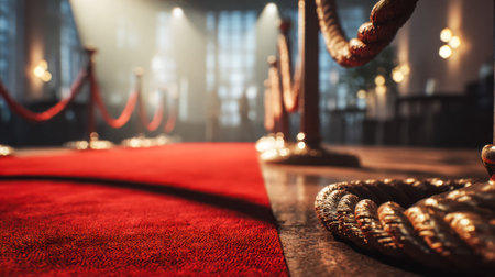 A luxurious crimson carpet bordered by plush velvet ropes creates an aura of exclusivity, hinting at a glamorous gathering or high-profile celebration.の写真素材