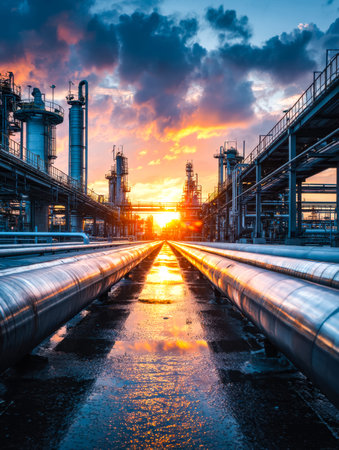 An intricate network of metal tubes dominates the horizon as the fiery sunset casts bold shadows...