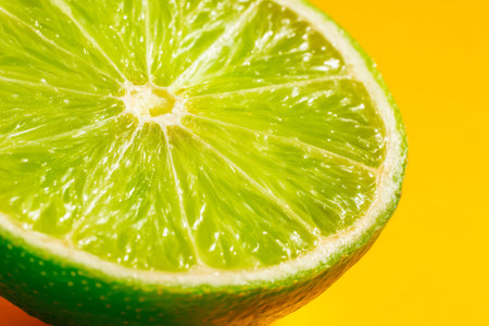 A juicy lime section showcases vibrant green pulp and textured rind, set against a bright yellow...