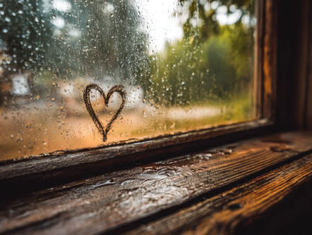 A tender rain-streaked glass featuring a hand-drawn symbol of love, resting on a rustic wooden ledge, evoking mood of longing and quiet reflection.の写真素材