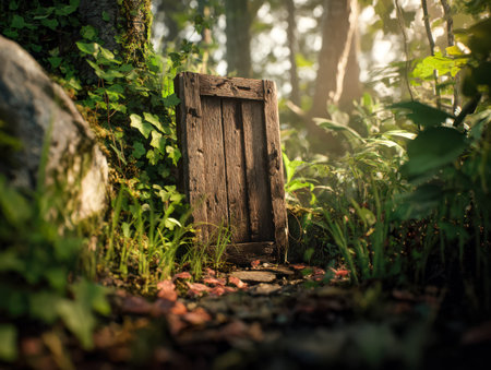 A mystical forest trail winds through dense foliage, leading to a weathered wooden door tucked seamlessly into vibrant greenery, evoking curiosity and wonder.の写真素材