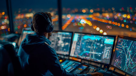 A dimly lit control room silhouettes with glowing monitors tracking flights, while vibrant city lights shimmer through large windows behind a focused air traffic team.の写真素材
