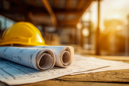 Sunlit workspace featuring detailed building plans and a protective helmet, emphasizing meticulous design and safety awareness on-site.の写真素材