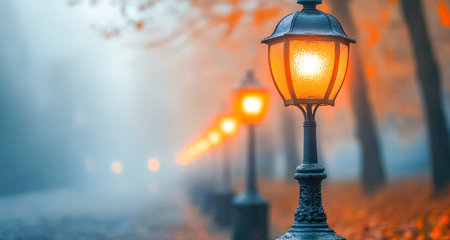 Soft glow from an antique lamp pierces thick evening fog in a quiet park, evoking a mysterious, nostalgic twilight ambiance.の写真素材