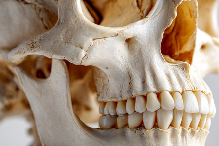 A highly detailed view of a human cranium illuminated by soft, warm sunlight, emphasizing the intricate bone textures and dental features for learning purposes.の写真素材