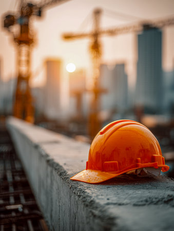 A vibrant orange helmet sits atop a sturdy concrete beam as the sun dips below the horizon, cranes silhouette the bustling cityscape behind, capturing ongoing developmentの写真素材