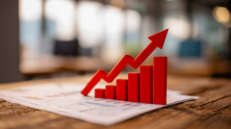 A vibrant red upward-trending chart on a detailed printout, set against a warm wooden surface in a sleek, contemporary workspace, highlighting progress and success.の写真素材