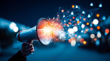 A vibrant scene with a megaphone amid luminous data streams, symbolizing dynamic info sharing and connected digital networks in a futuristic style.の写真素材
