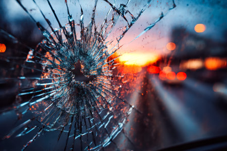 A cracked glass surface catches the warm glow of dusk, with distant glowing orbs hinting at a vehicle's taillights, evoking loss and quiet reflection.の写真素材
