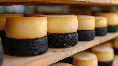Textured cheese wheels coated in dark wax rest on aged wood shelves, creating a rustic and artisanal mood perfect for gourmet or culinary themes.の写真素材