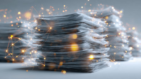 A vibrant cyber-inspired scene featuring luminous web of interconnected lines encircling a stack of...