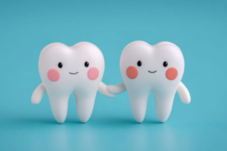 Playful dental friends with cheerful grins and blushing cheeks, linking hands against a vibrant...