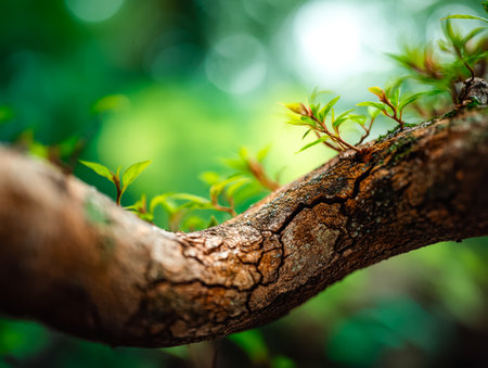 Tiny vibrant leaves emerge boldly from textured bark, symbolizing renewal and growth in a peaceful natural setting.の写真素材