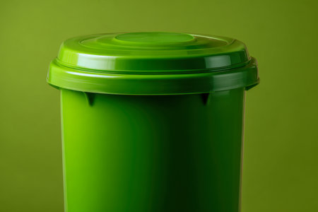A vibrant green waste container with a secure lid, set against a matching hue backdrop, highlighting sustainable urban waste solutions and eco-conscious living.の写真素材