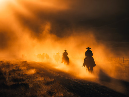 A rugged group of riders advances along a dirt path bathed in the warm, hazy glow of evening, with billowing smoke blending into a vivid horizon.の写真素材