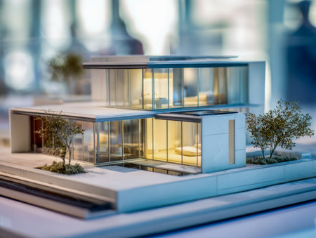 A precise scaled replica of a contemporary two-story residence with sleek glass surfaces, inviting interior glow, nestled among lush trees and thoughtfully designed greenの写真素材