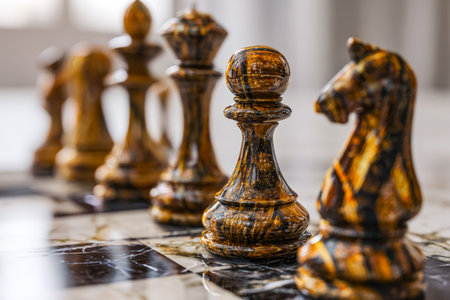 Luxurious marble figures poised strategically on a sleek, modern chessboard evoke sophistication and timeless elegance, perfect for themes of strategy and refinement.の写真素材