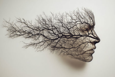 A minimalist composition depicting a human visage crafted from detailed tree branches stretching...