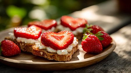 Sunlit scene of a rustic wooden plate holding crispy toast topped with vibrant strawberries and smooth cream, evoking fresh, summery breakfast vibes.の写真素材