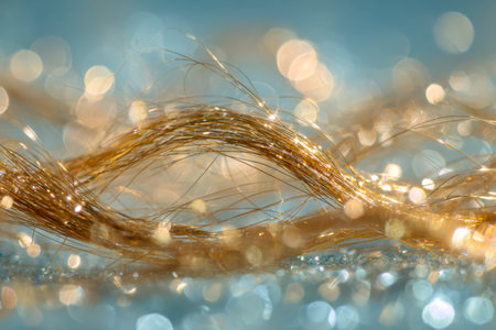 Delicate golden strands cascade against a luminous, out-of-focus backdrop, creating a festive and...