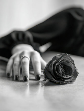 A solitary dark blossom rests on a mirror, as a hand extends nearby, capturing a moment of silent introspection and wistful longing in monochrome.の写真素材