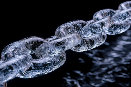 A detailed shot of a gleaming, clear ice chain shimmering against a deep, shadowy background,...