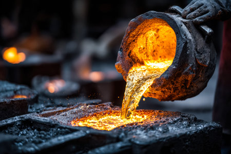 Bright, fiery liquid metal flows smoothly into a cavity, illuminating the workshop with intense...